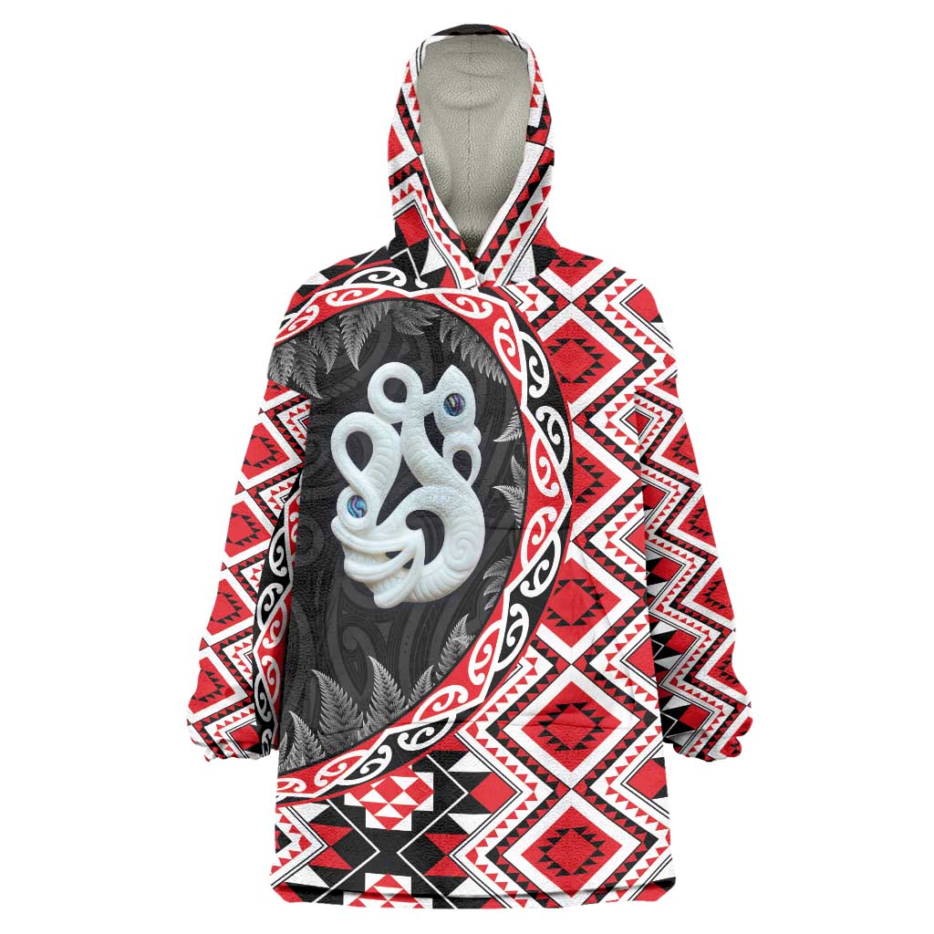 Red Taniko Motif Aotearoa Manaia and Silver Fern Wearable Blanket Hoodie