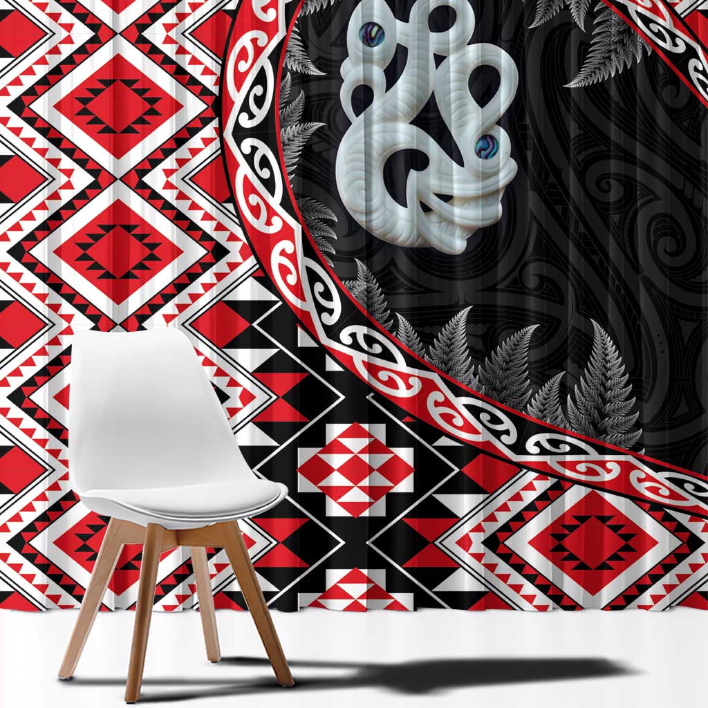 Red Taniko Motif Aotearoa Manaia and Silver Fern Window Curtain