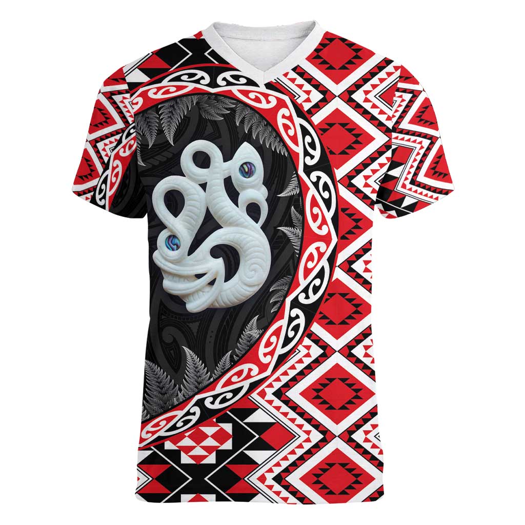 Red Taniko Motif Aotearoa Manaia and Silver Fern Women V-Neck T-Shirt LT03 Female Red - Polynesian Pride
