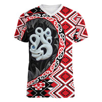 Red Taniko Motif Aotearoa Manaia and Silver Fern Women V-Neck T-Shirt LT03 Female Red - Polynesian Pride