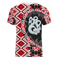Red Taniko Motif Aotearoa Manaia and Silver Fern Women V-Neck T-Shirt LT03 - Polynesian Pride
