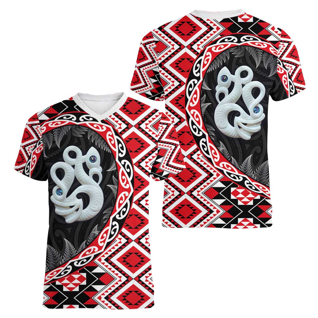 Red Taniko Motif Aotearoa Manaia and Silver Fern Women V-Neck T-Shirt LT03 - Polynesian Pride