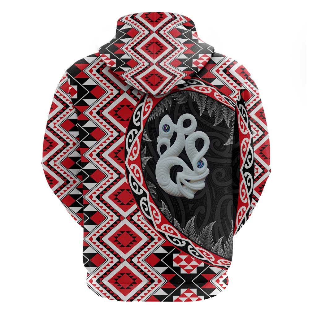 Red Taniko Motif Aotearoa Manaia and Silver Fern Zip Hoodie