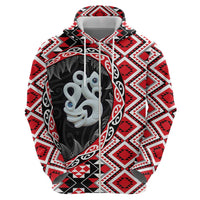 Red Taniko Motif Aotearoa Manaia and Silver Fern Zip Hoodie