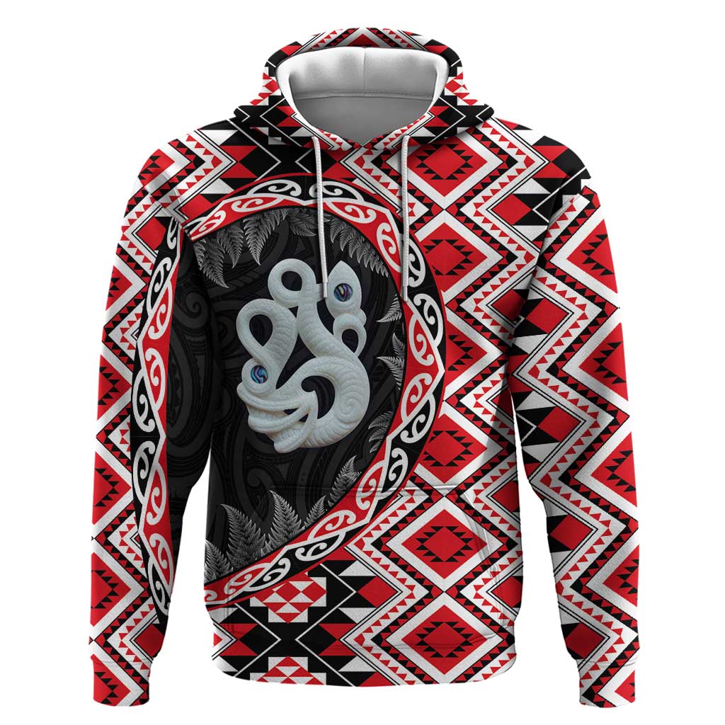 Red Taniko Motif Aotearoa Manaia and Silver Fern Zip Hoodie