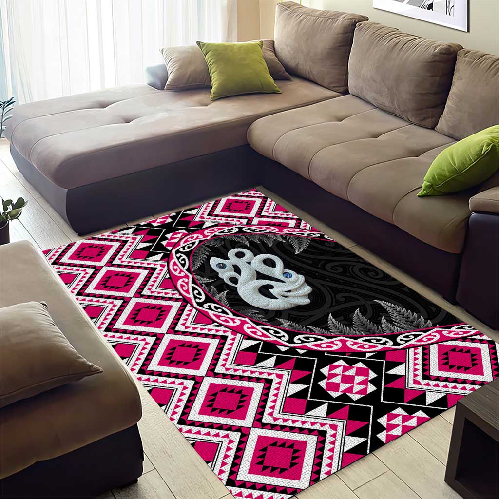 Pink Taniko Motif Aotearoa Manaia and Silver Fern Area Rug