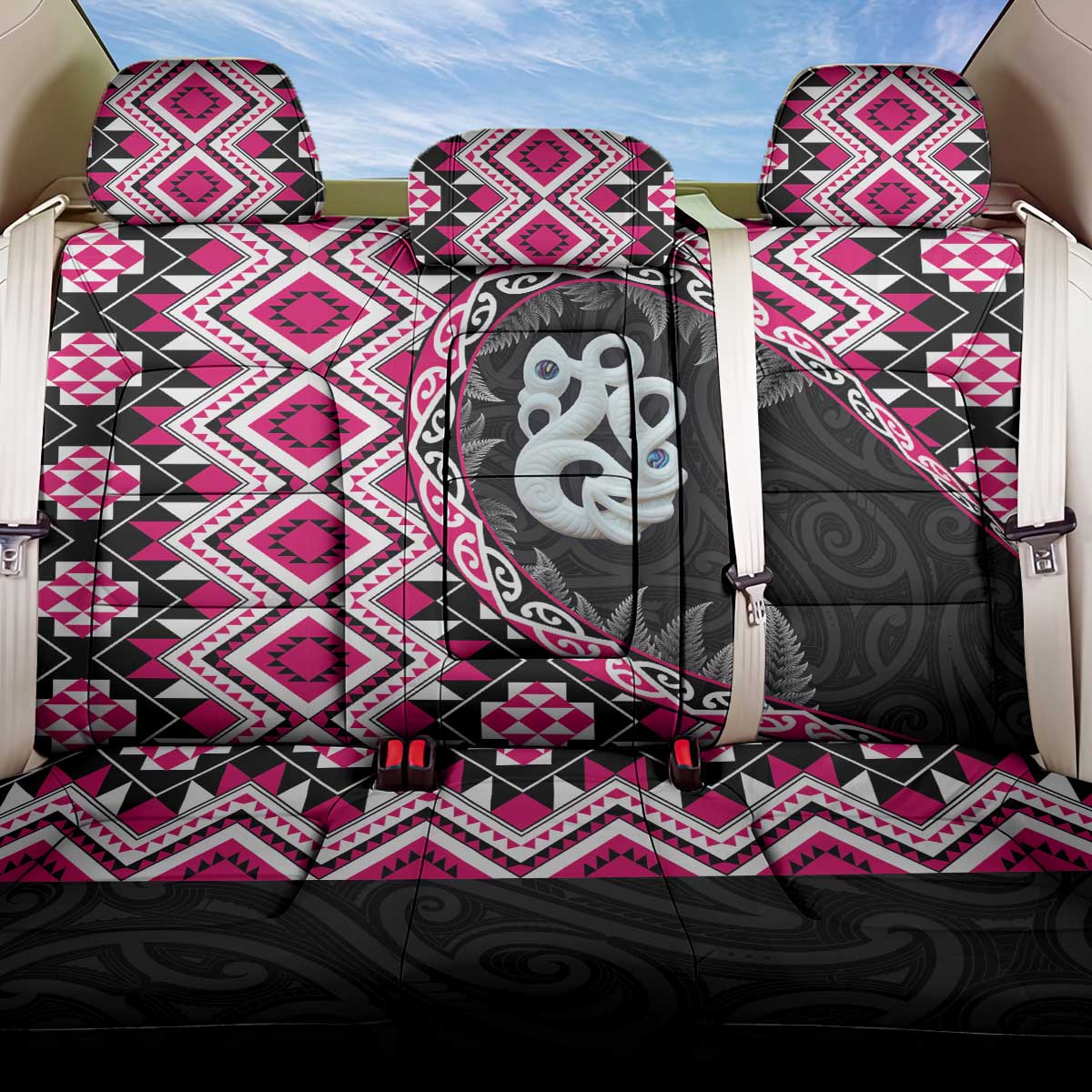 Pink Taniko Motif Aotearoa Manaia and Silver Fern Back Car Seat Cover