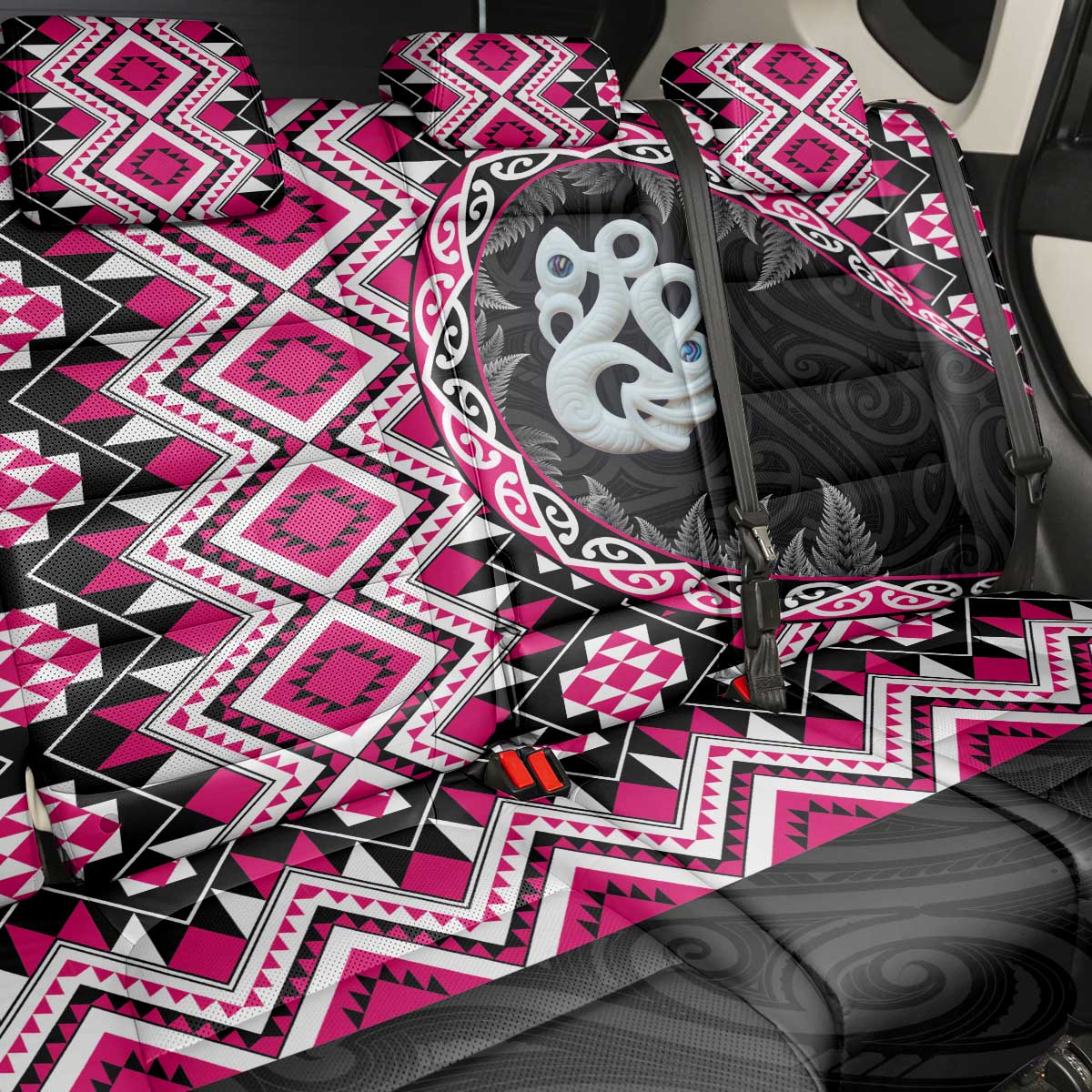 Pink Taniko Motif Aotearoa Manaia and Silver Fern Back Car Seat Cover