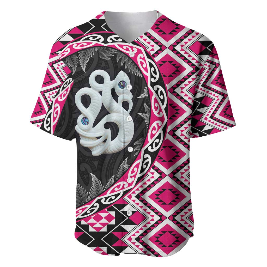 Pink Taniko Motif Aotearoa Manaia and Silver Fern Baseball Jersey LT03 Pink - Polynesian Pride