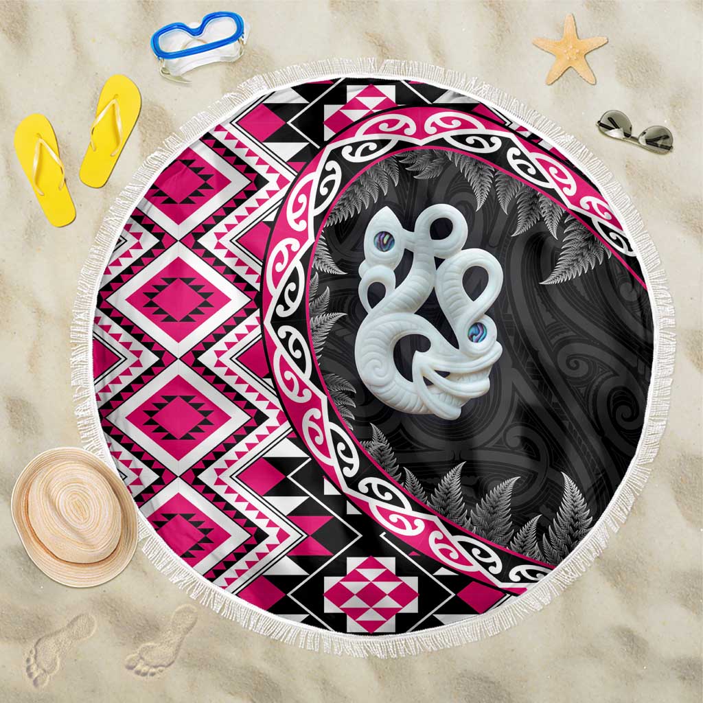 Pink Taniko Motif Aotearoa Manaia and Silver Fern Beach Blanket LT03 One Size 150cm Pink - Polynesian Pride