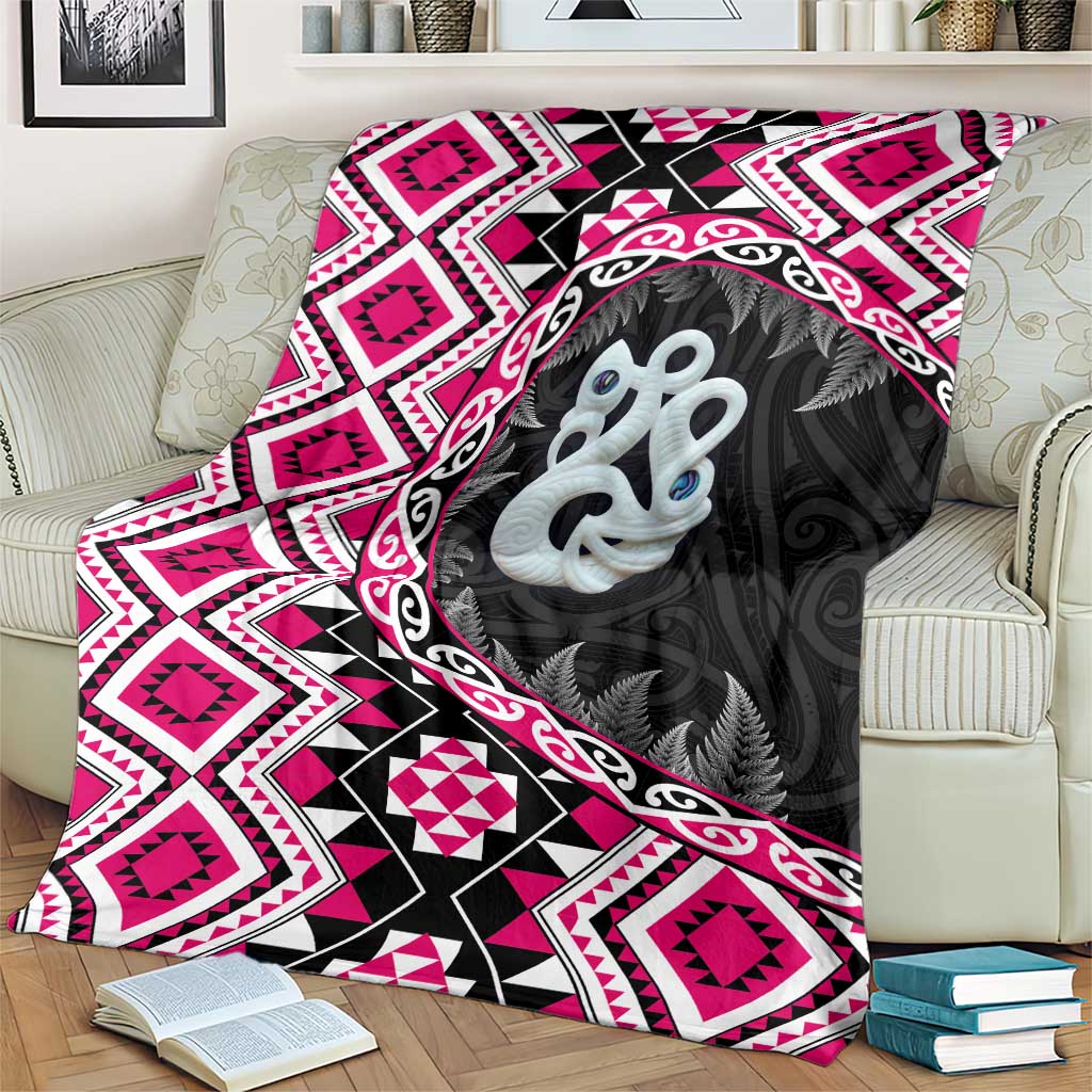 Pink Taniko Motif Aotearoa Manaia and Silver Fern Blanket