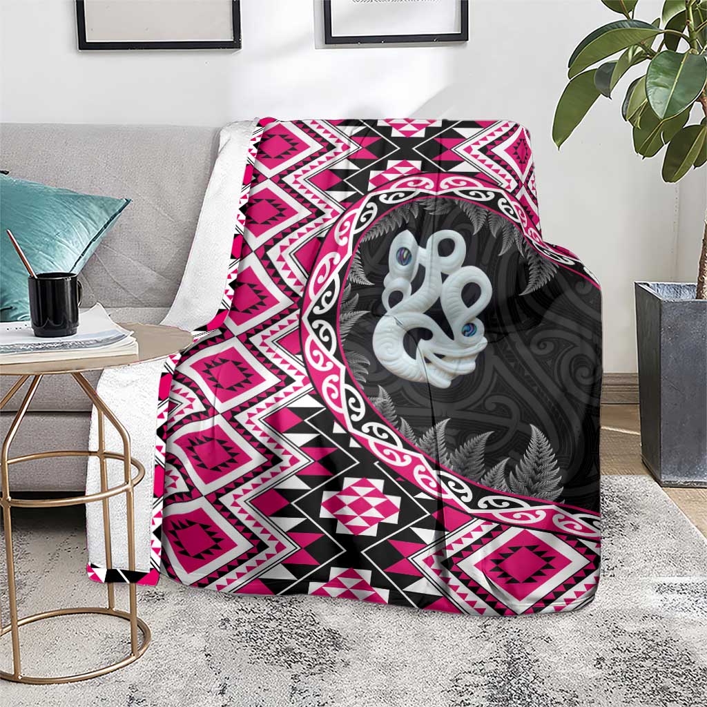 Pink Taniko Motif Aotearoa Manaia and Silver Fern Blanket