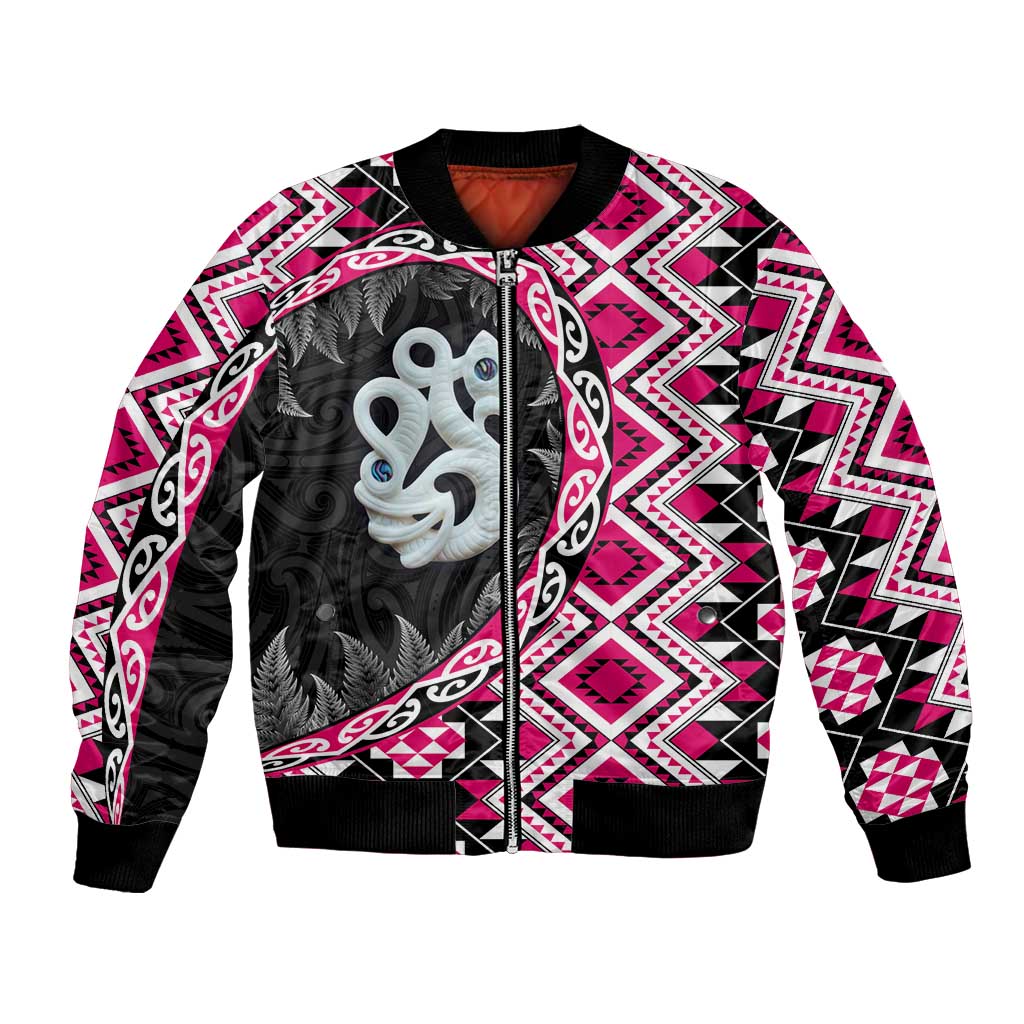 Pink Taniko Motif Aotearoa Manaia and Silver Fern Bomber Jacket