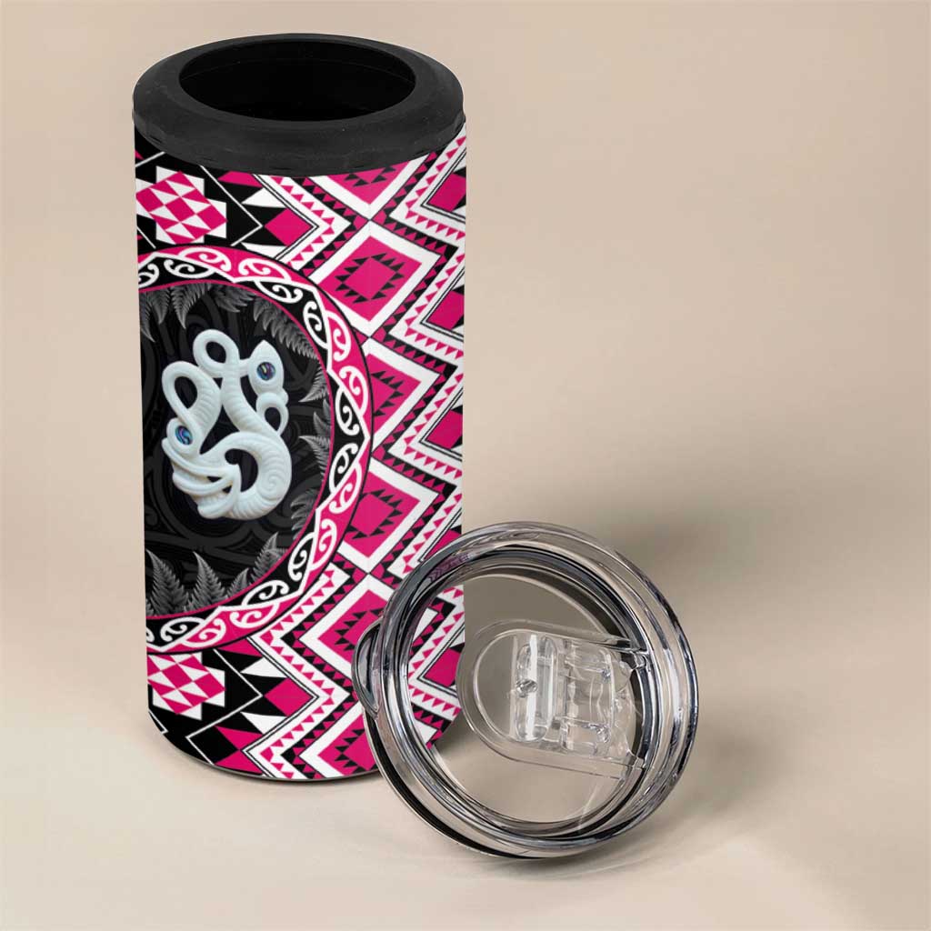 Pink Taniko Motif Aotearoa Manaia and Silver Fern 4 in 1 Can Cooler Tumbler