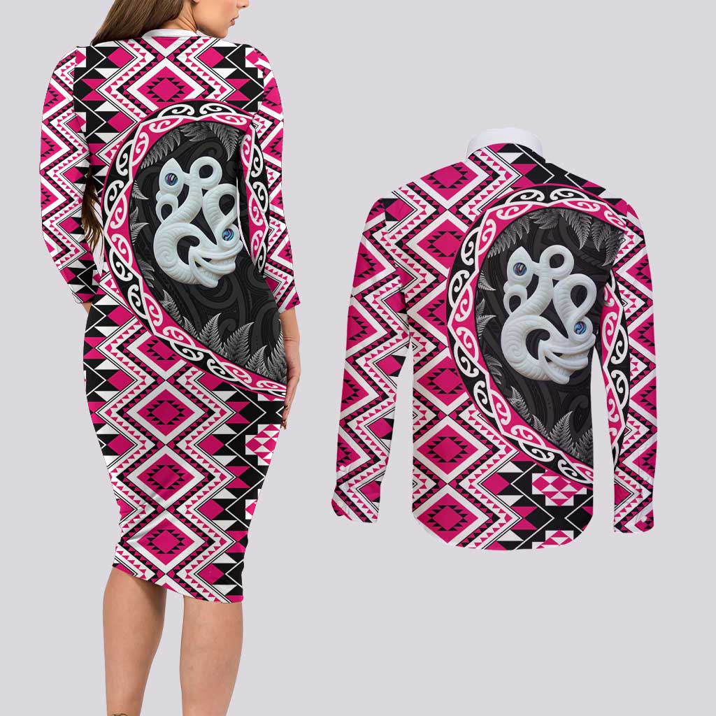 Pink Taniko Motif Aotearoa Manaia and Silver Fern Couples Matching Long Sleeve Bodycon Dress and Long Sleeve Button Shirt