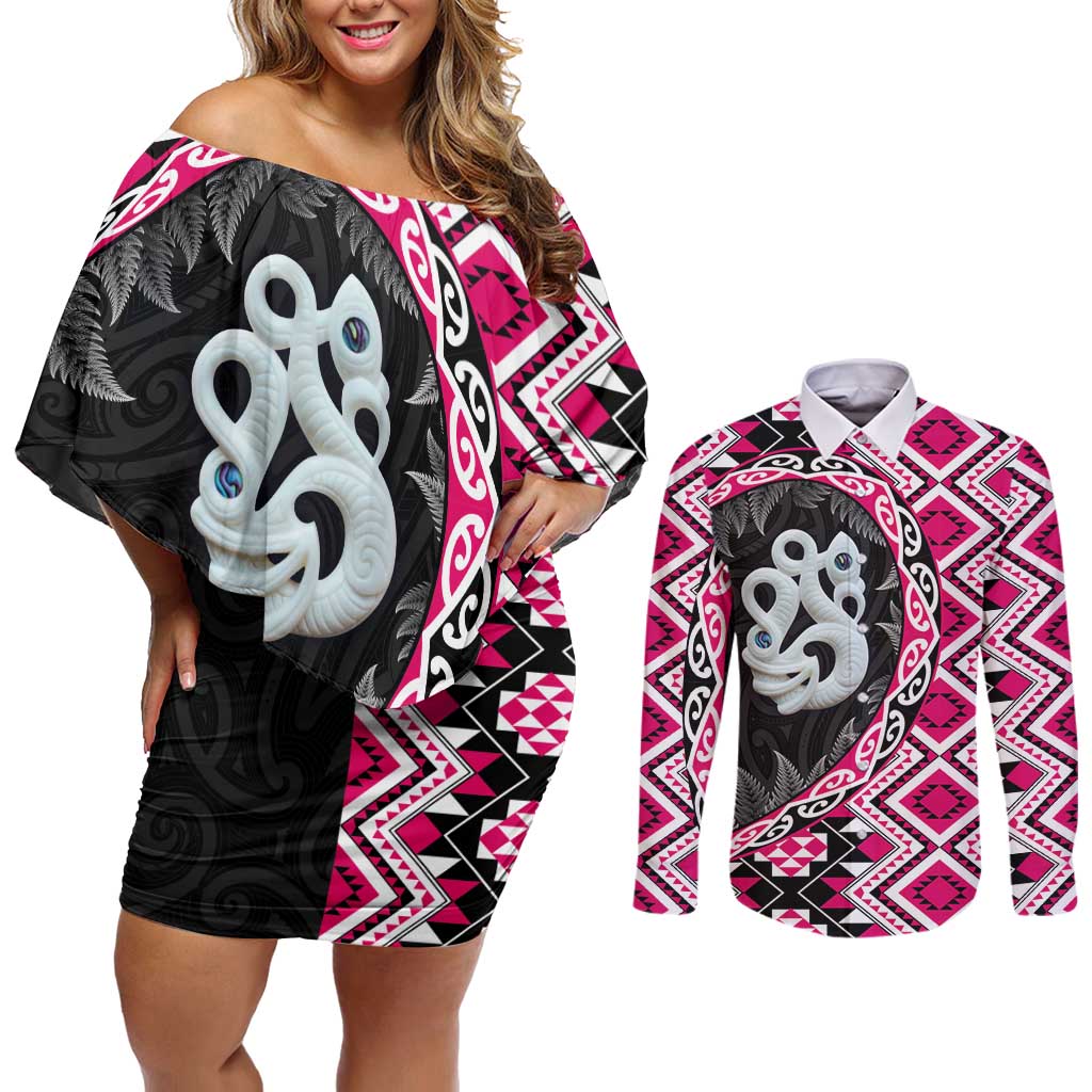 Pink Taniko Motif Aotearoa Manaia and Silver Fern Couples Matching Off Shoulder Short Dress and Long Sleeve Button Shirt