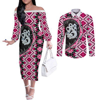 Pink Taniko Motif Aotearoa Manaia and Silver Fern Couples Matching Off The Shoulder Long Sleeve Dress and Long Sleeve Button Shirt