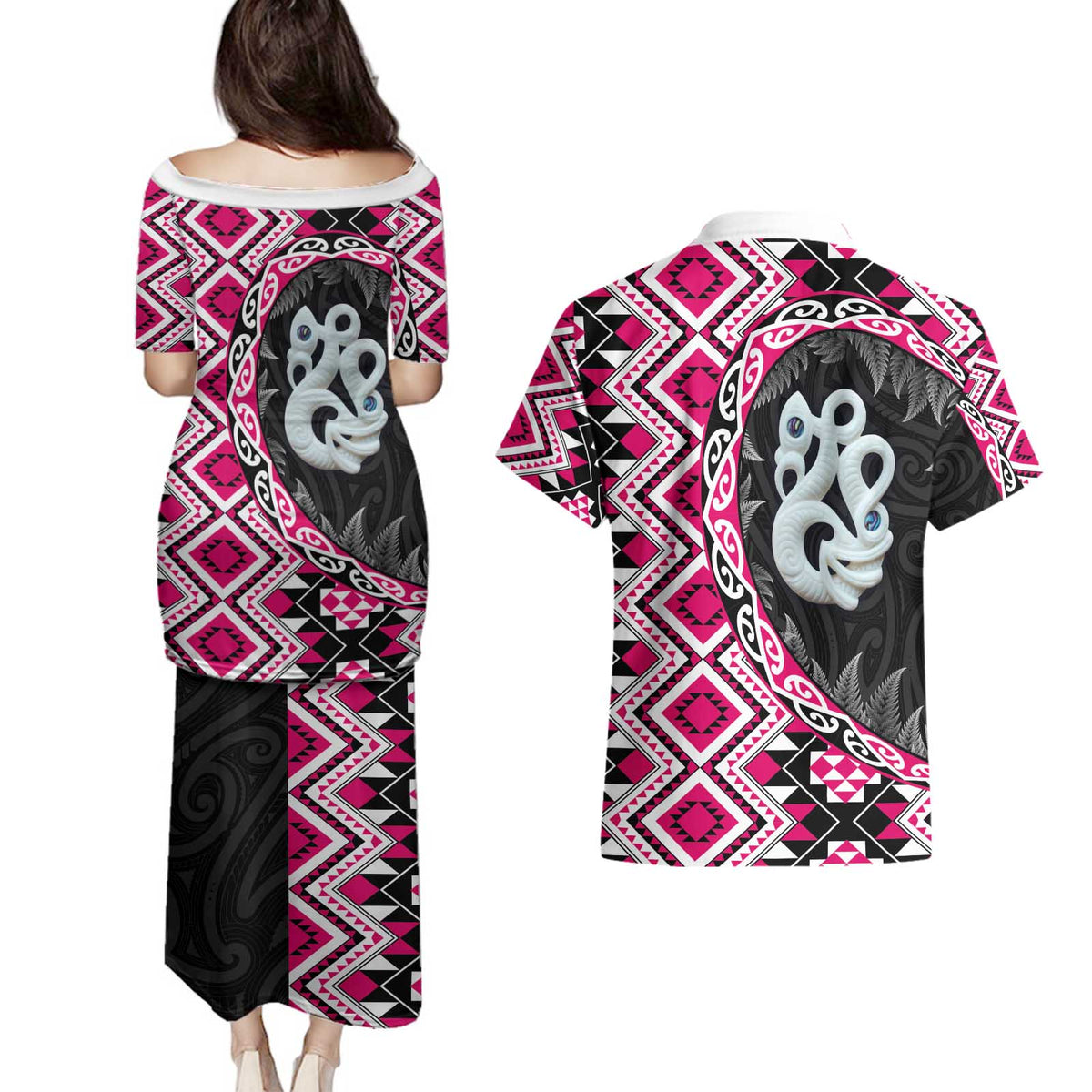 Pink Taniko Motif Aotearoa Manaia and Silver Fern Couples Matching Puletasi and Hawaiian Shirt