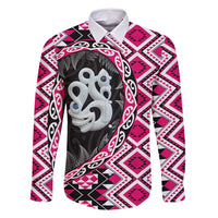 Pink Taniko Motif Aotearoa Manaia and Silver Fern Family Matching Long Sleeve Bodycon Dress and Hawaiian Shirt