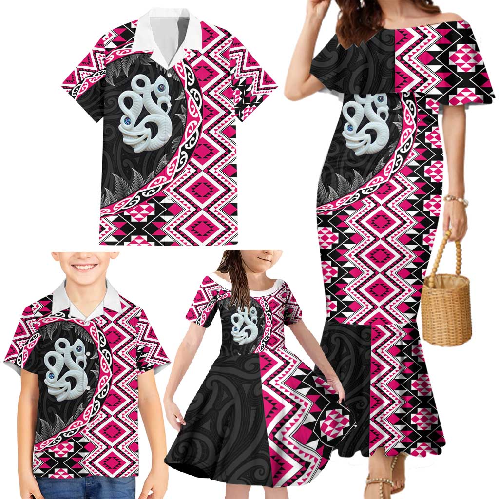 Pink Taniko Motif Aotearoa Manaia and Silver Fern Family Matching Mermaid Dress and Hawaiian Shirt