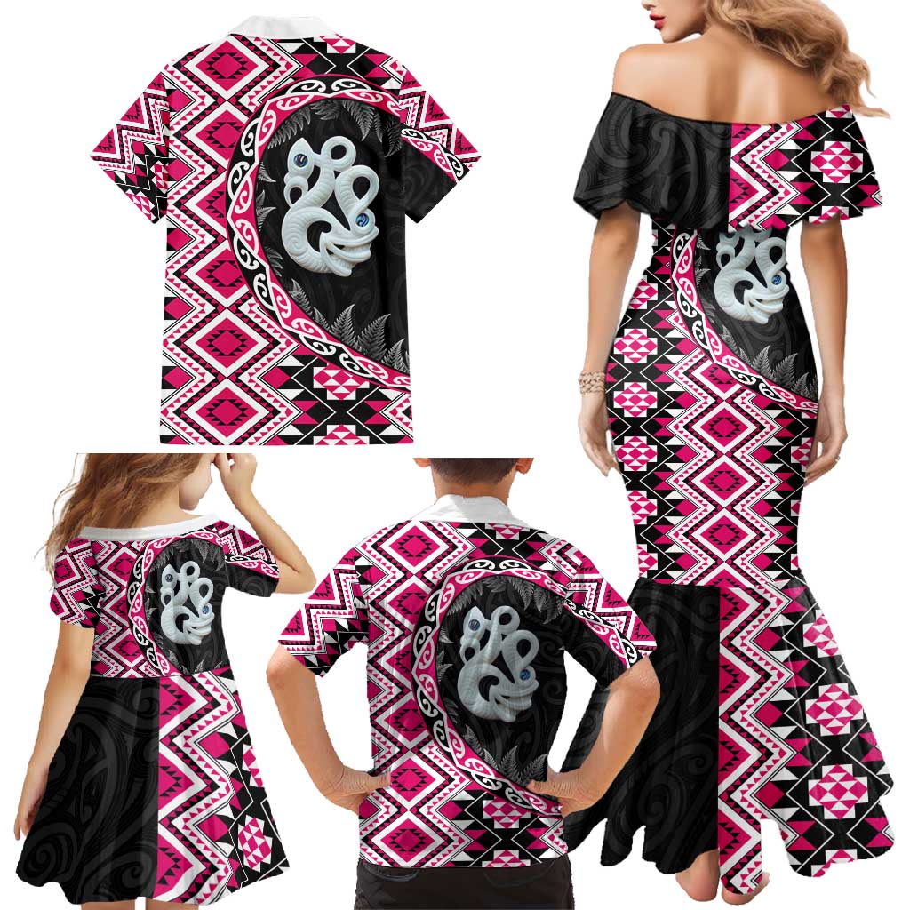Pink Taniko Motif Aotearoa Manaia and Silver Fern Family Matching Mermaid Dress and Hawaiian Shirt