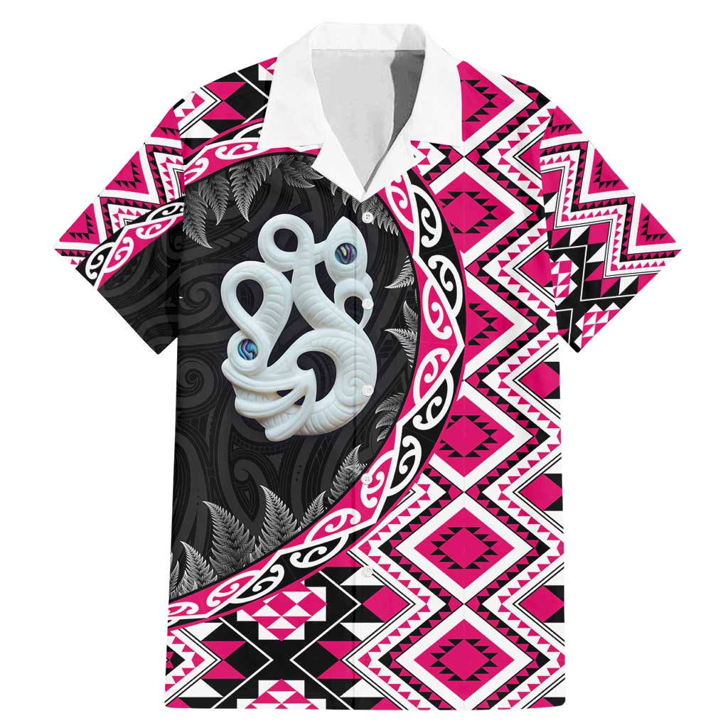Pink Taniko Motif Aotearoa Manaia and Silver Fern Family Matching Mermaid Dress and Hawaiian Shirt
