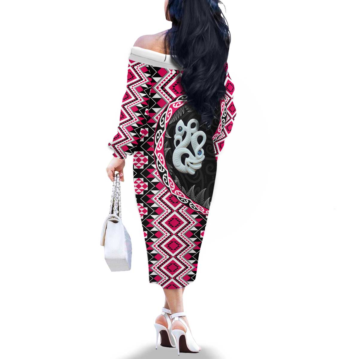 Pink Taniko Motif Aotearoa Manaia and Silver Fern Family Matching Off The Shoulder Long Sleeve Dress and Hawaiian Shirt