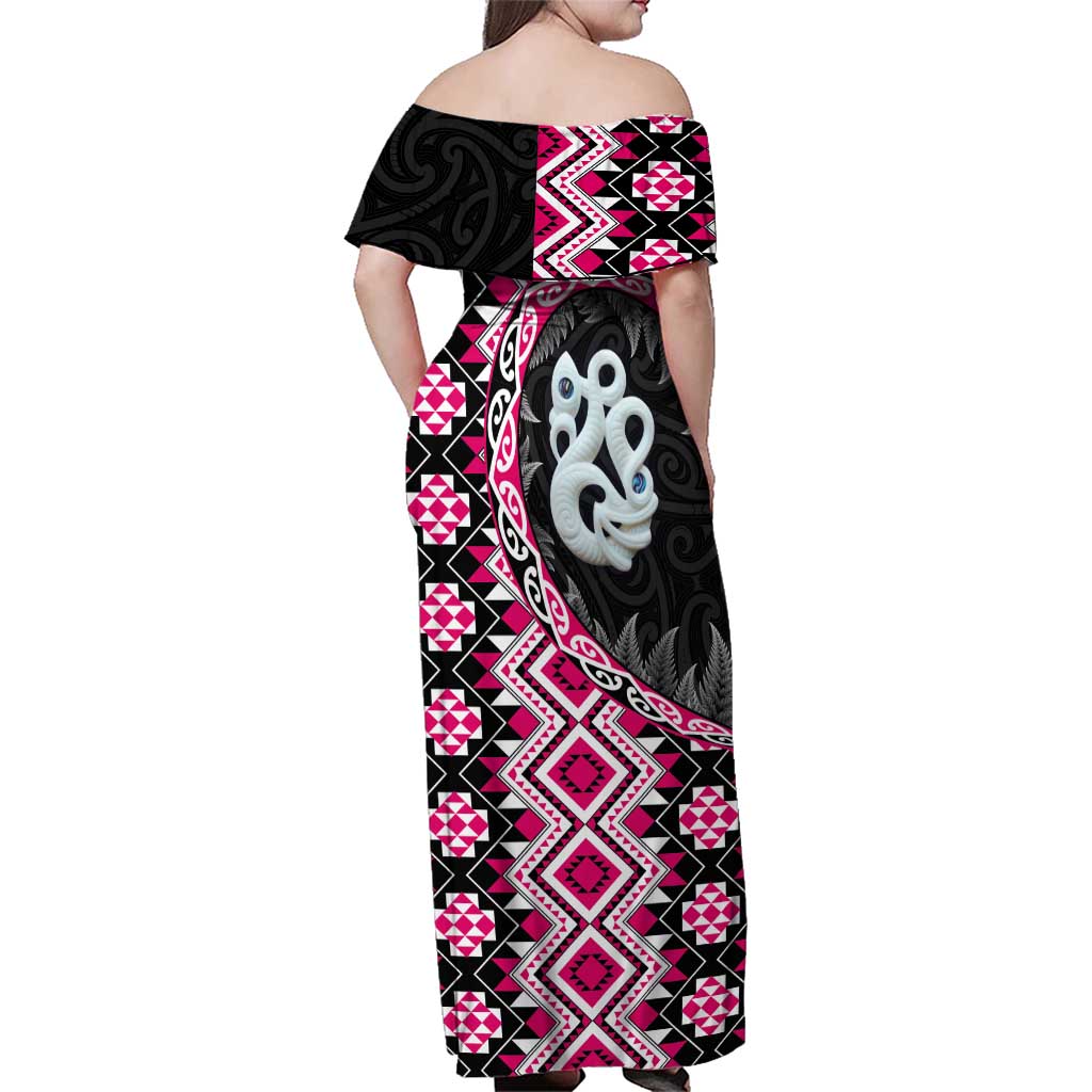 Pink Taniko Motif Aotearoa Manaia and Silver Fern Family Matching Off Shoulder Maxi Dress and Hawaiian Shirt