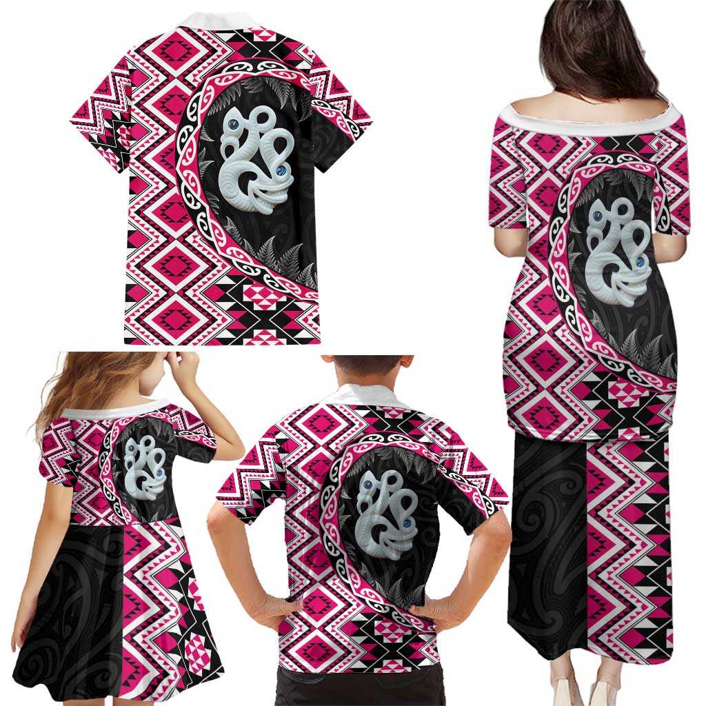 Pink Taniko Motif Aotearoa Manaia and Silver Fern Family Matching Puletasi and Hawaiian Shirt