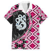 Pink Taniko Motif Aotearoa Manaia and Silver Fern Family Matching Puletasi and Hawaiian Shirt