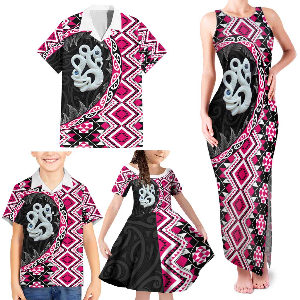 Pink Taniko Motif Aotearoa Manaia and Silver Fern Family Matching Tank Maxi Dress and Hawaiian Shirt