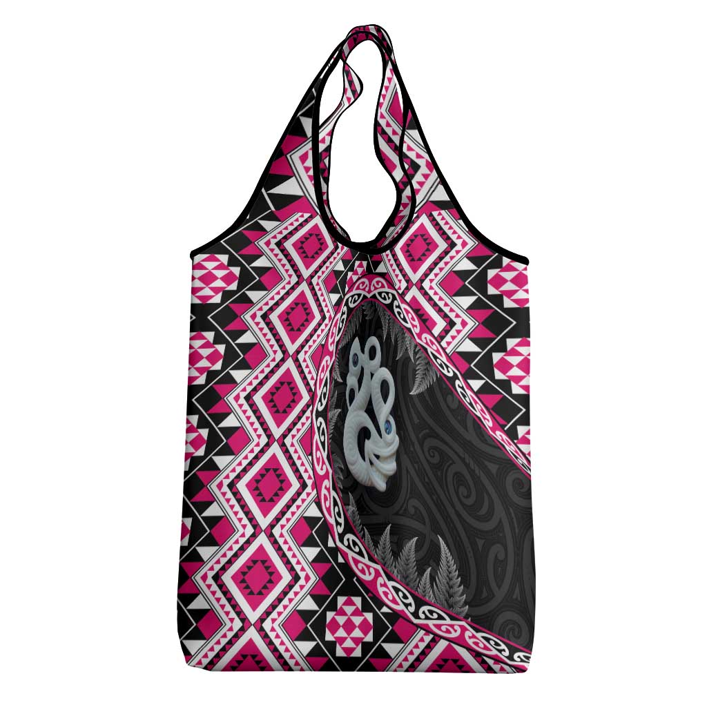 Pink Taniko Motif Aotearoa Manaia and Silver Fern Grocery Bag