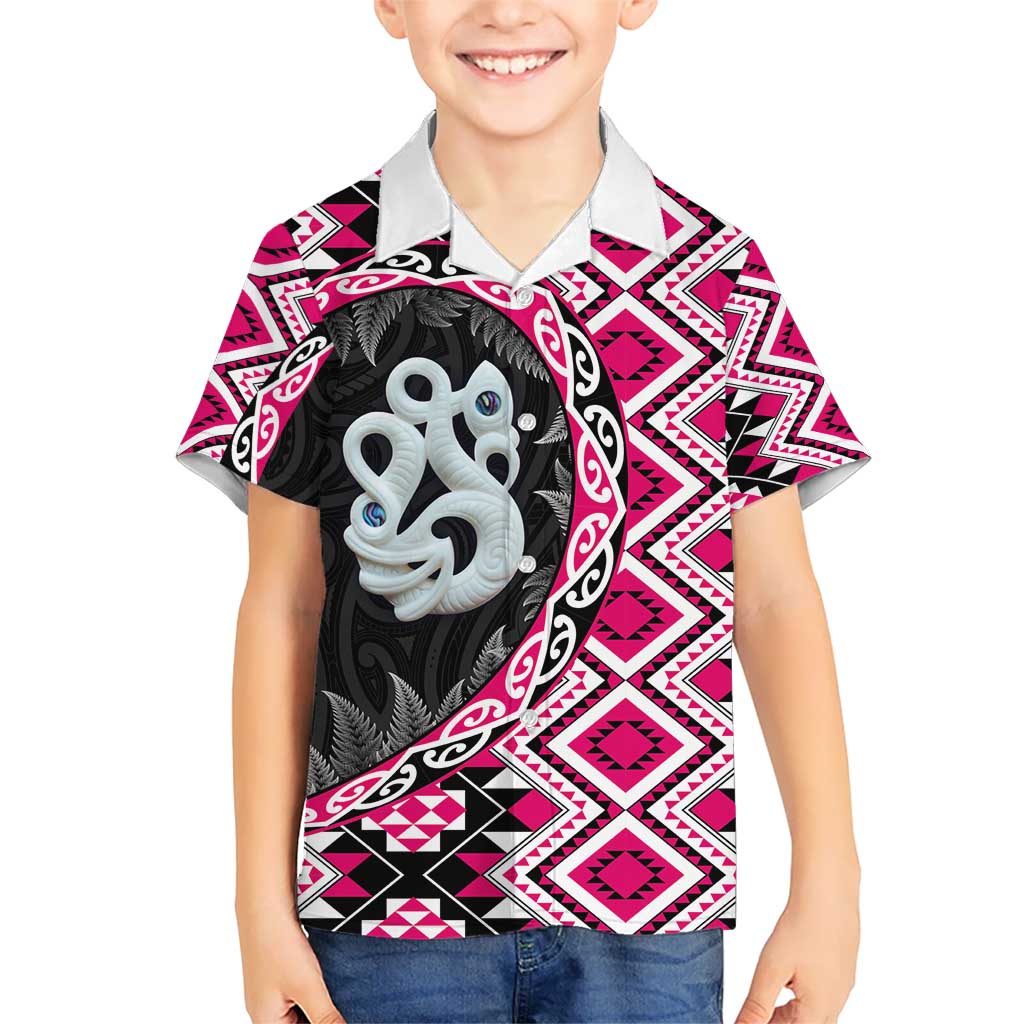 Pink Taniko Motif Aotearoa Manaia and Silver Fern Kid Hawaiian Shirt