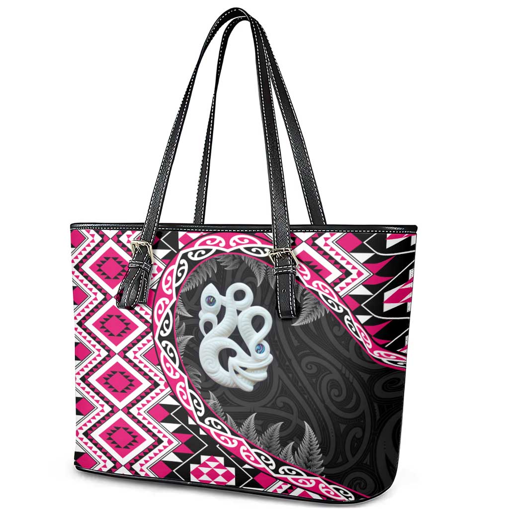 Pink Taniko Motif Aotearoa Manaia and Silver Fern Leather Tote Bag