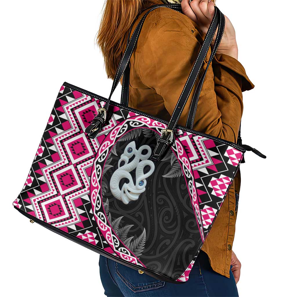 Pink Taniko Motif Aotearoa Manaia and Silver Fern Leather Tote Bag