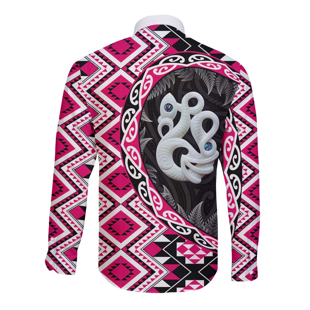 Pink Taniko Motif Aotearoa Manaia and Silver Fern Long Sleeve Button Shirt