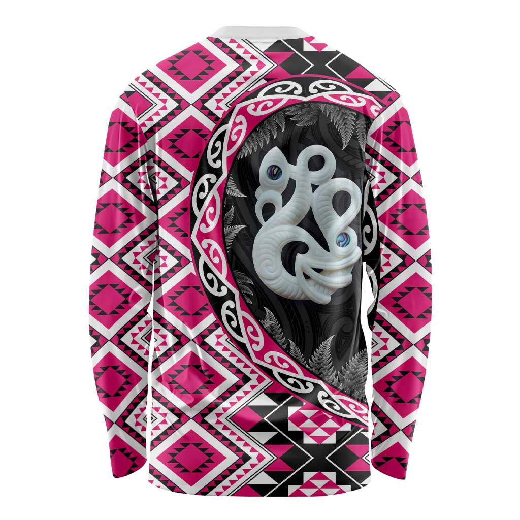 Pink Taniko Motif Aotearoa Manaia and Silver Fern Long Sleeve Shirt
