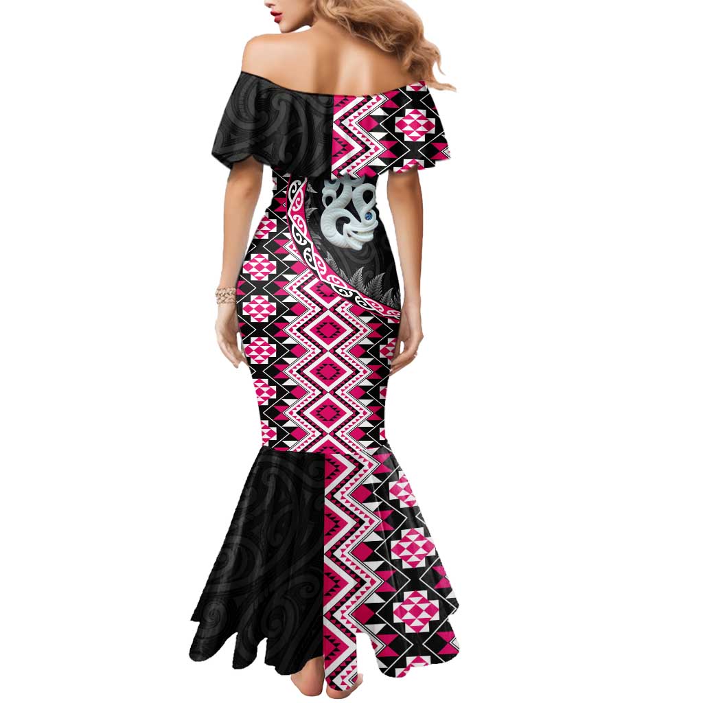 Pink Taniko Motif Aotearoa Manaia and Silver Fern Mermaid Dress