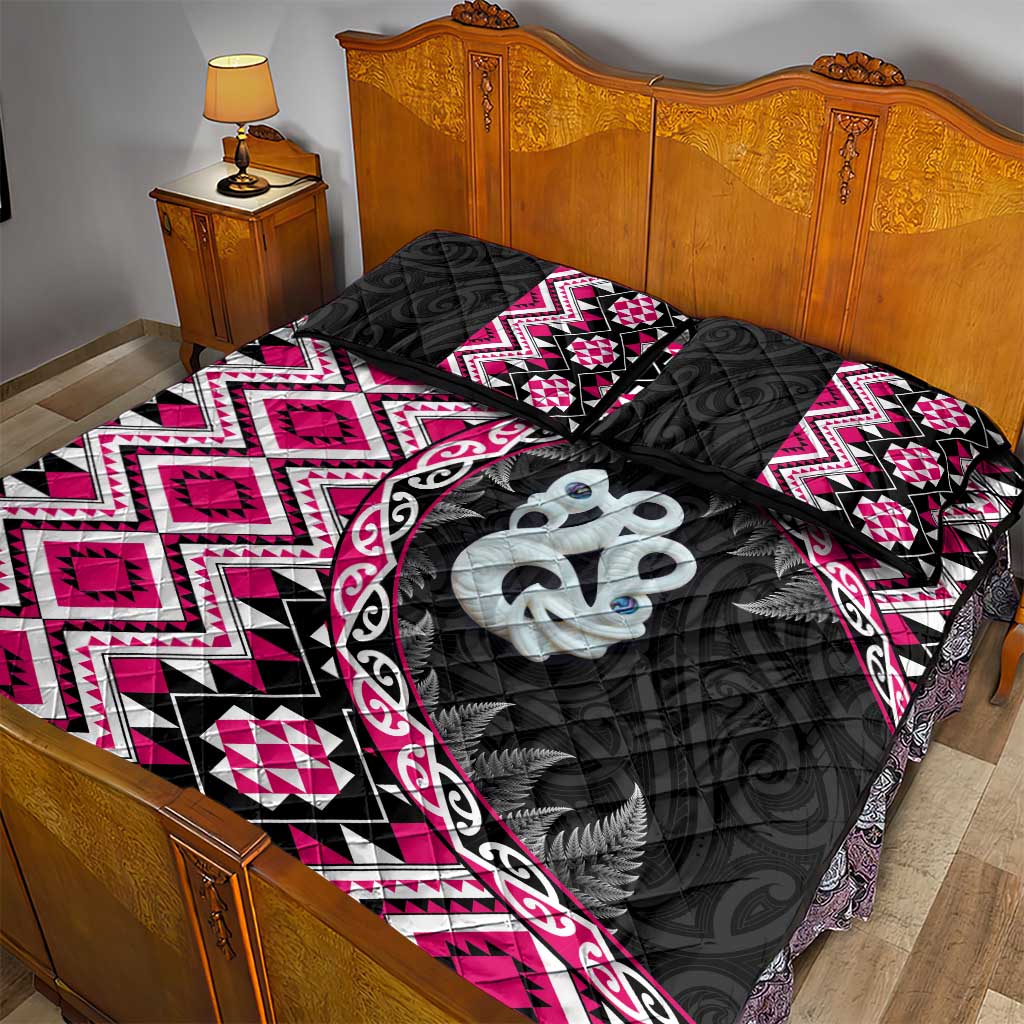Pink Taniko Motif Aotearoa Manaia and Silver Fern Quilt Bed Set