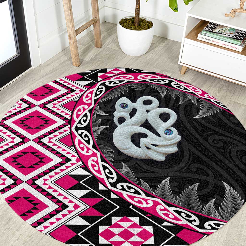 Pink Taniko Motif Aotearoa Manaia and Silver Fern Round Carpet LT03 Pink - Polynesian Pride