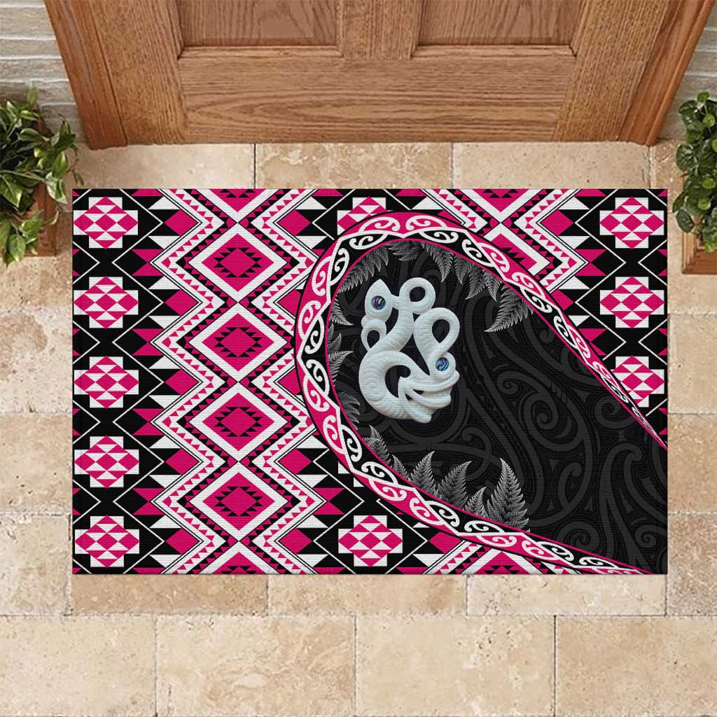 Pink Taniko Motif Aotearoa Manaia and Silver Fern Rubber Doormat LT03 Pink - Polynesian Pride