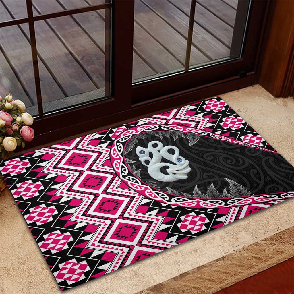 Pink Taniko Motif Aotearoa Manaia and Silver Fern Rubber Doormat
