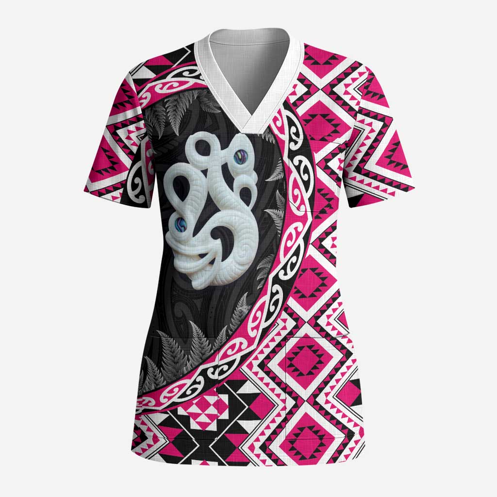 Pink Taniko Motif Aotearoa Manaia and Silver Fern Scrub Top - Polynesian Pride