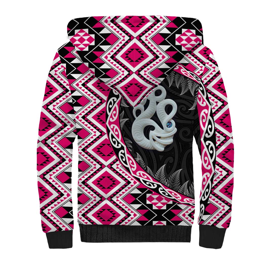 Pink Taniko Motif Aotearoa Manaia and Silver Fern Sherpa Hoodie