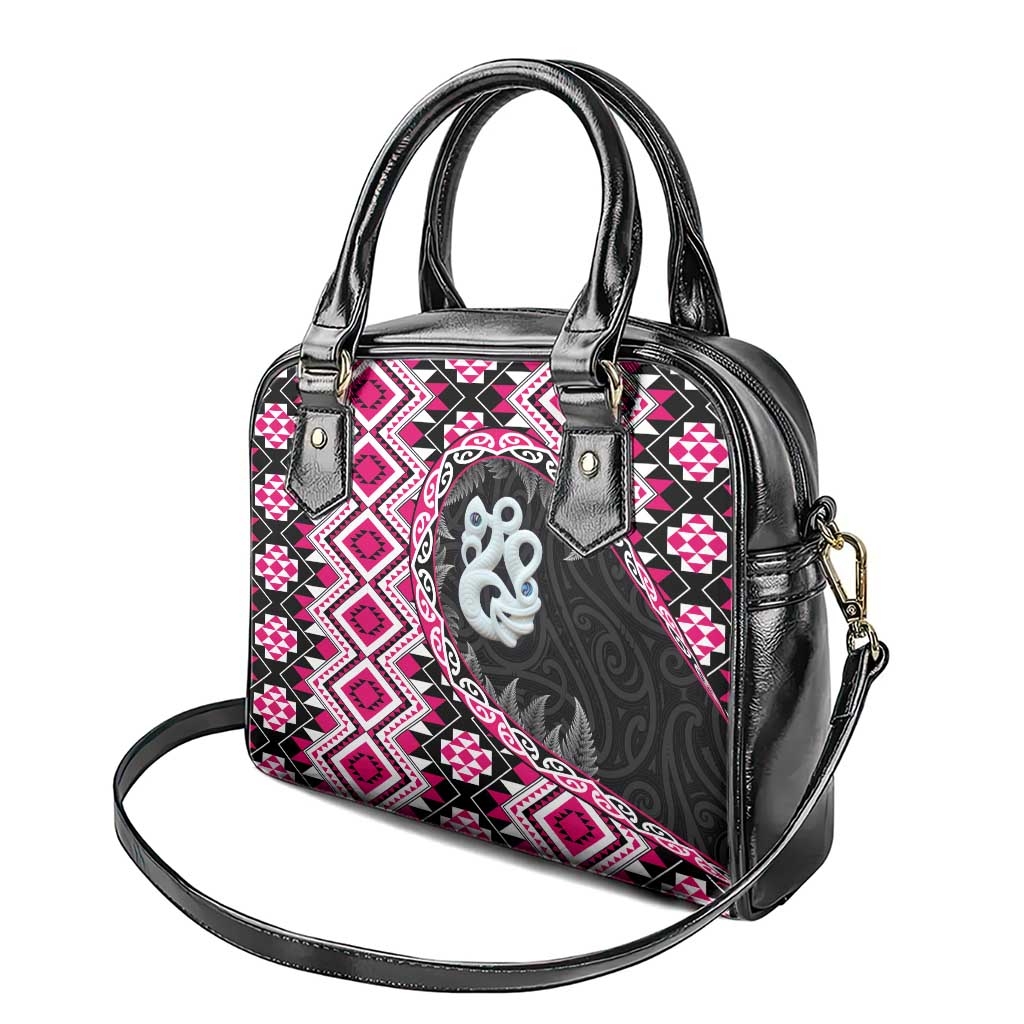 Pink Taniko Motif Aotearoa Manaia and Silver Fern Shoulder Handbag