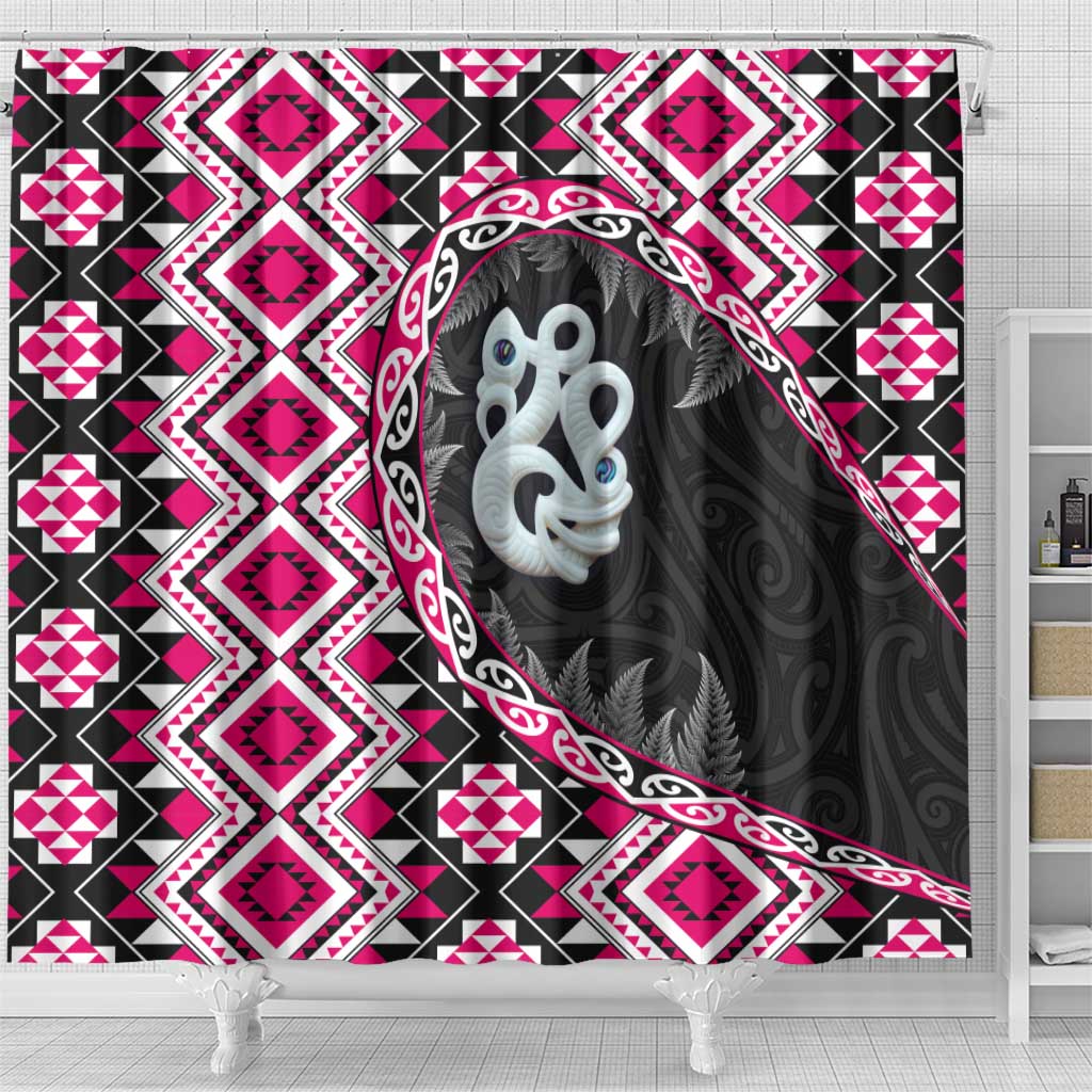 Pink Taniko Motif Aotearoa Manaia and Silver Fern Shower Curtain