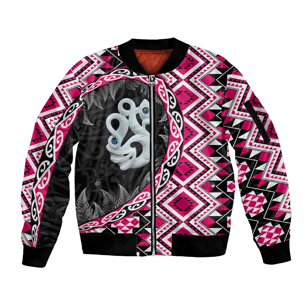 Pink Taniko Motif Aotearoa Manaia and Silver Fern Sleeve Zip Bomber Jacket