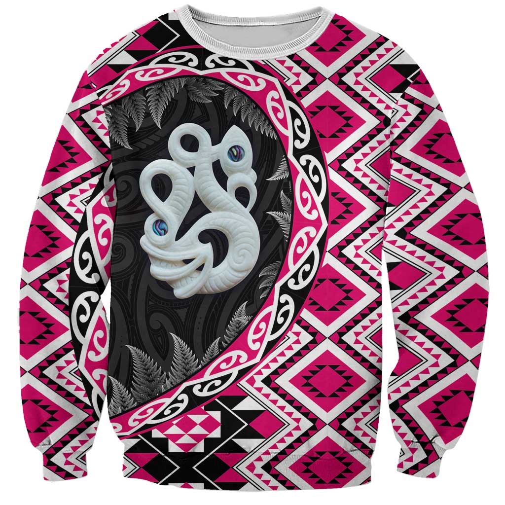 Pink Taniko Motif Aotearoa Manaia and Silver Fern Sweatshirt LT03 Unisex Pink - Polynesian Pride