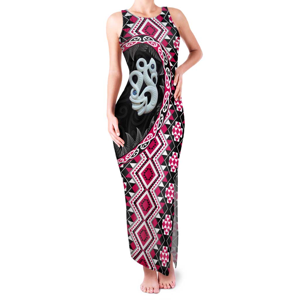 Pink Taniko Motif Aotearoa Manaia and Silver Fern Tank Maxi Dress