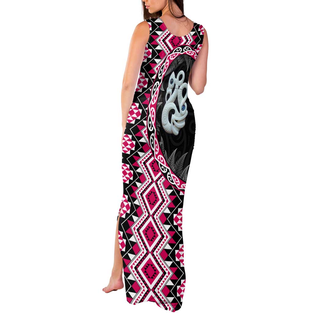 Pink Taniko Motif Aotearoa Manaia and Silver Fern Tank Maxi Dress